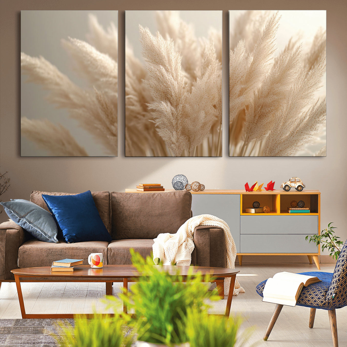 -Pampas Grass Canvas Wall Art - Elegant Neutral Decor for Living Room, Boho Minimalist Artwork, Ready
