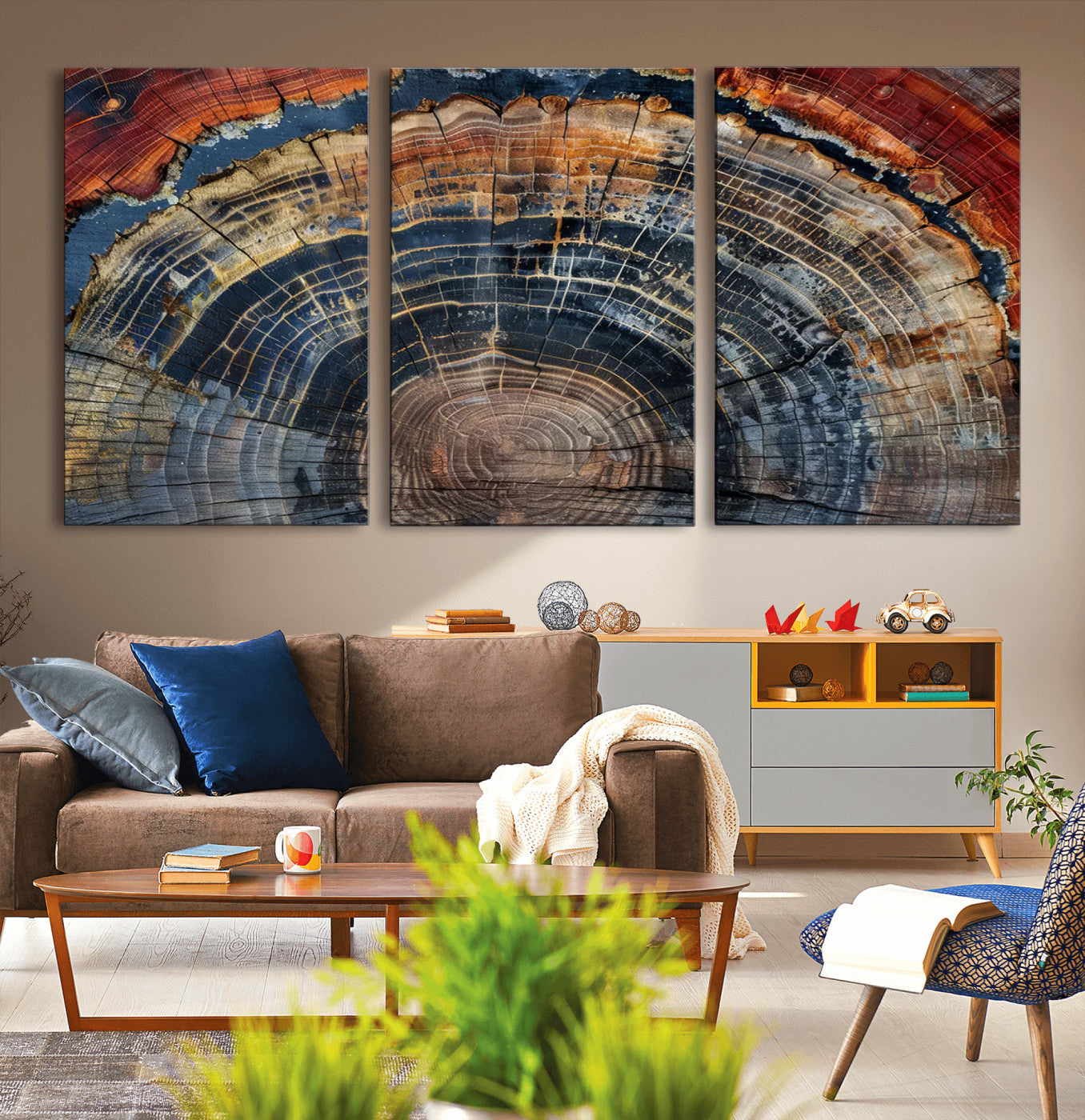 MGV-CV-60X30-3P - Abstract Tree Ring Wall Art, Colorful Framed Tree Ring Wall Decor, Minimalist Home Canvas Art,