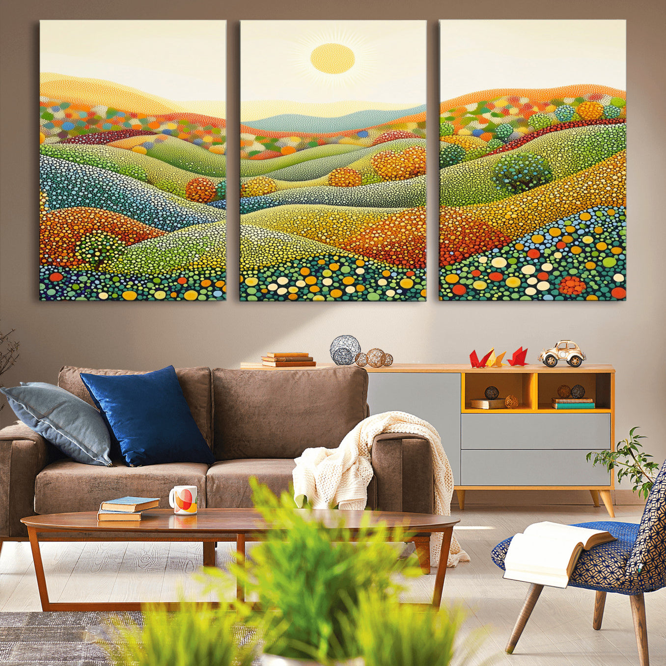 -YAYOI KUSAMA Wall Art - Colorful Dot Art Landscape Canvas, Framed Japanese Dot Art