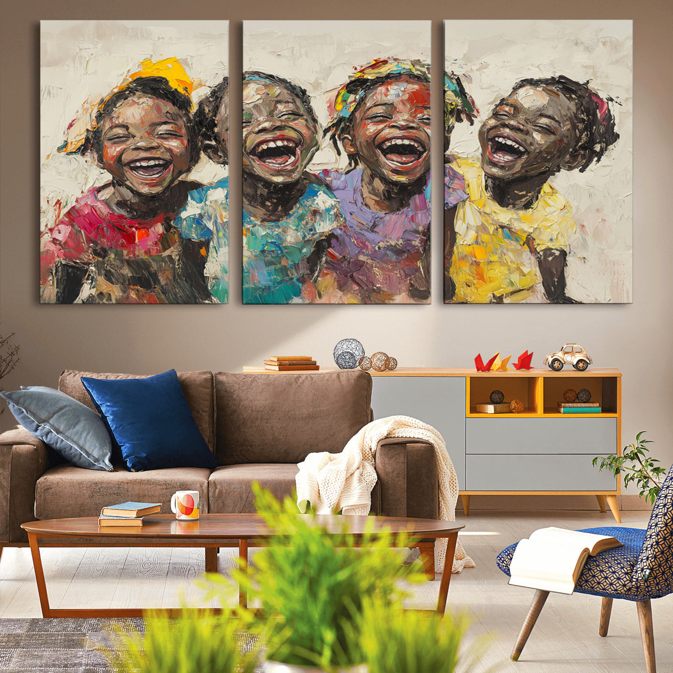 93034-MGV-CV-36X24-Shai Yossef style Joyful Childhood Canvas Wall Art - Expressive Impasto Painting of Black Children