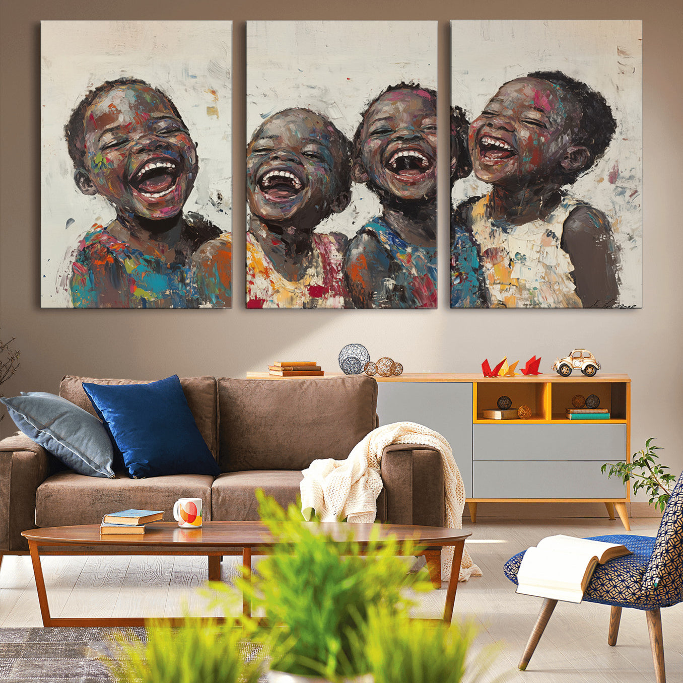 85256-MGV-CV-36X24-Shai Yossef Print - Joyful Childhood Canvas Wall Art - Expressive Impasto Painting of Laughing