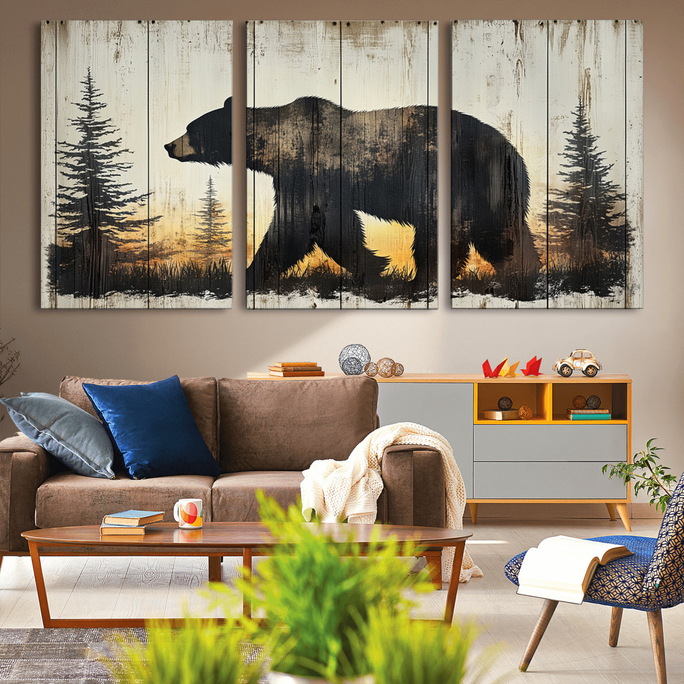 83875-MGV-CV-36X24-Vintage Bear Wall Art Canvas Print for Farmhouse - Mountain Wood Canvas Wall Art - Forest Silhouette