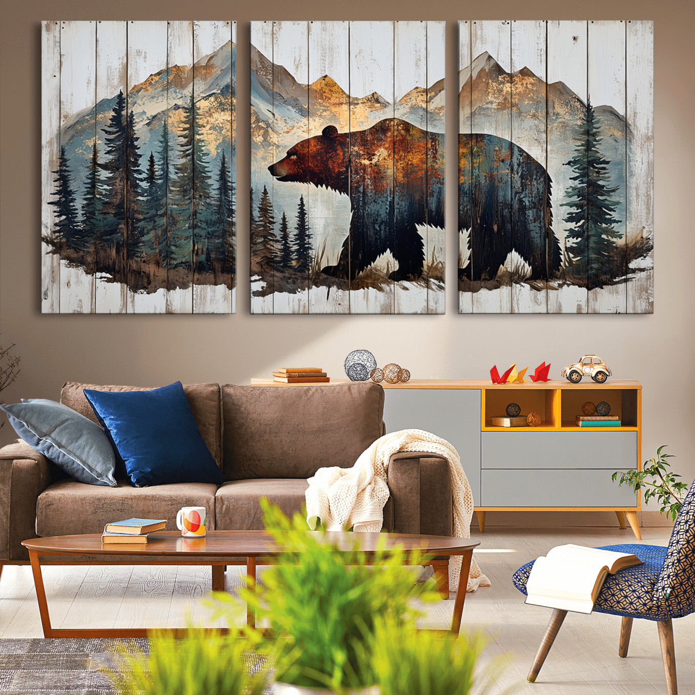 -Rustic Grizzly 399 Bear and Mountain Wood Canvas Wall Art - Framed Nature Artwork with Forest