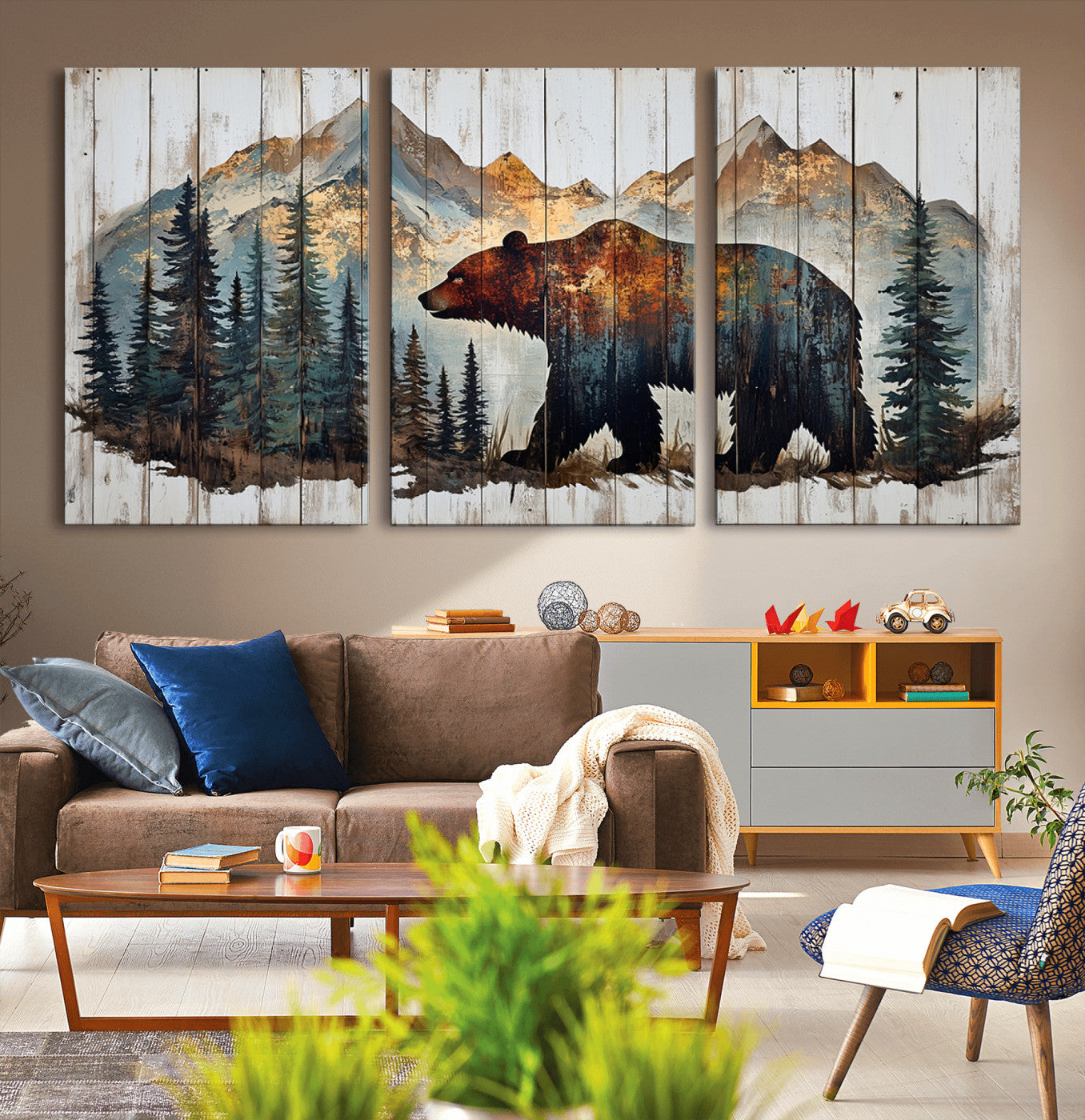 55777-MGV-CV-36X24-Rustic Grizzly 399 Bear and Mountain Wood Canvas Wall Art - Framed Nature Artwork with Forest