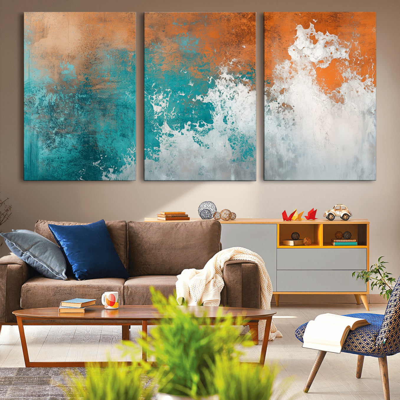 78127-MGV-CV-60X30-3P-Vintage Abstract Print - Bold Teal and Orange Canvas Wall Art - Retro-Vintage Abstract Orange Canvas