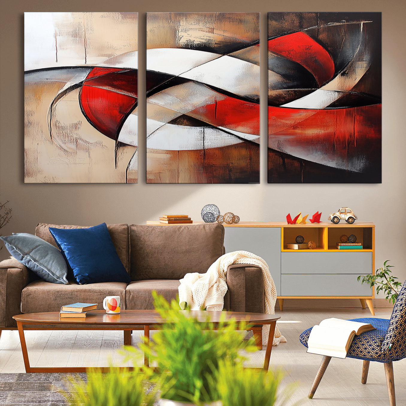 15342-MGV-CV-36X24-Abstract Wall Art - Modern Red and White Canvas Wall Art Print - Bold Geometric Abstract Canvas for