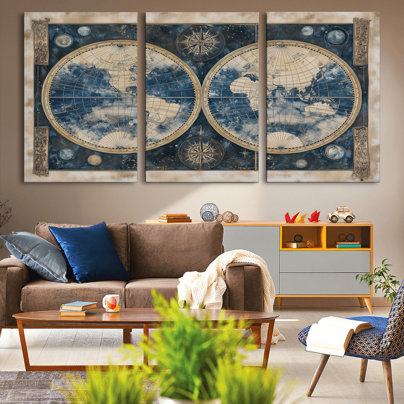-Framed Vintage Blue World Map Canvas Print – Antique Double Hemisphere Wall Art for Home and Office Decor, Classic Explorer Map Artwork
