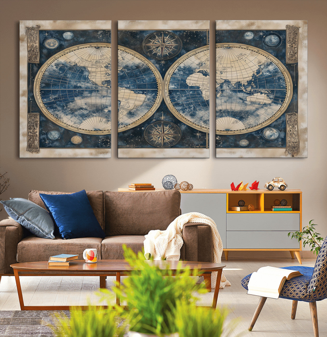 46473-MGV-CV-36X24-Framed Vintage Blue World Map Canvas Print – Antique Double Hemisphere Wall Art for Home and Office Decor, Classic Explorer Map Artwork