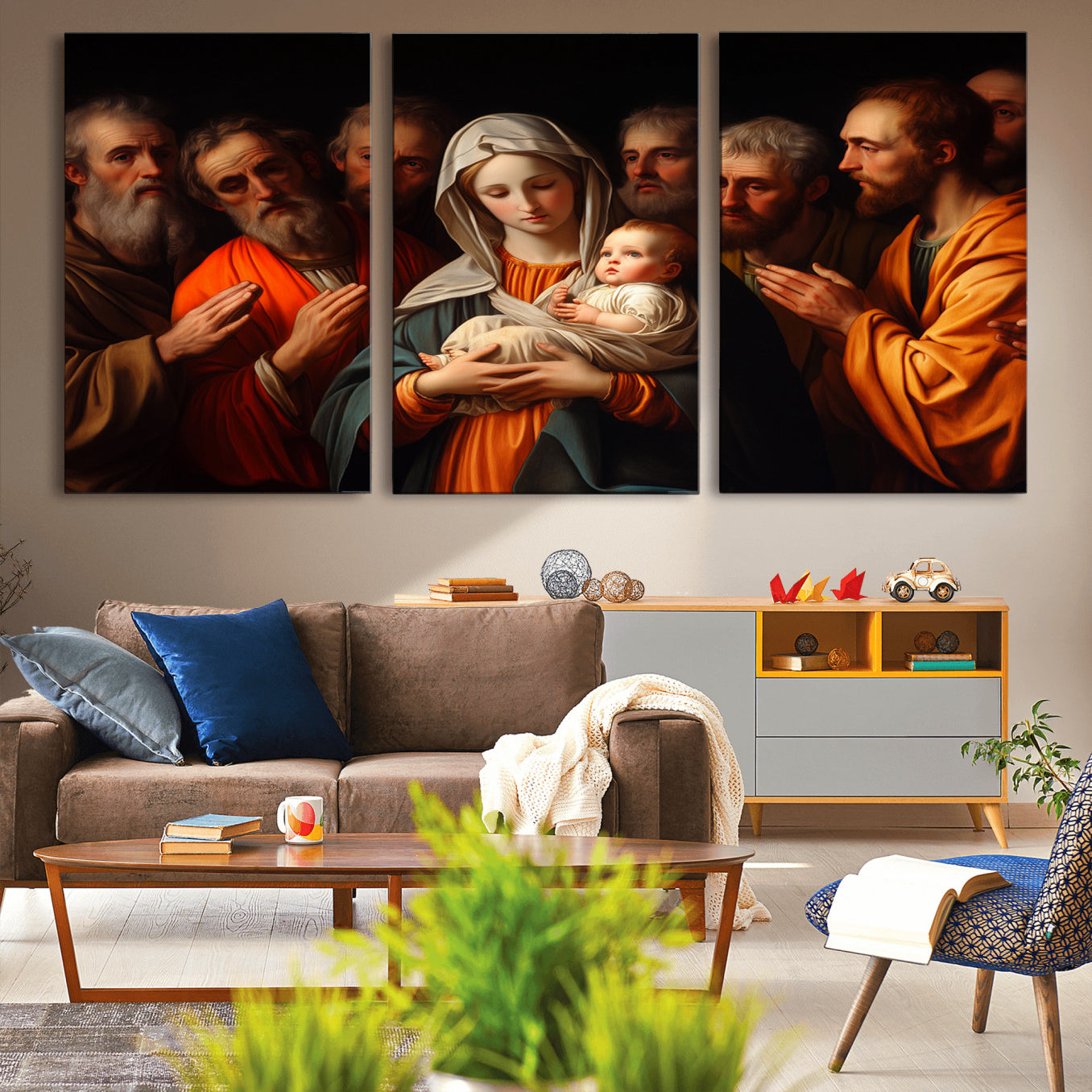 MGV-CV-60X30-3P - Religious Canvas Wall Art Print - Madonna and Child with Apostles Art Print - Classic Christian