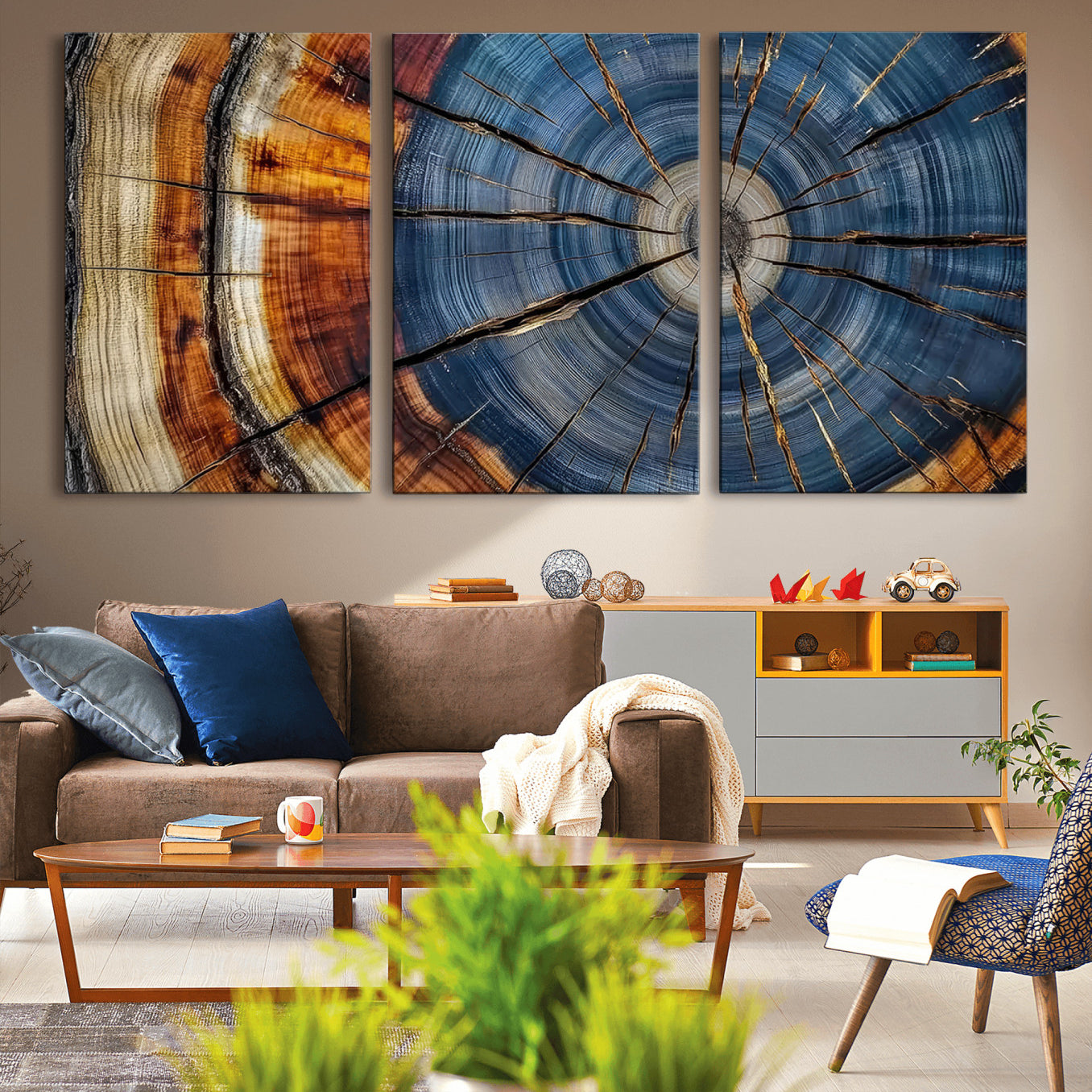10583-MGV-CV-60X30-3P-Abstract Tree Rings Canvas Wall Art - Wood Grain Canvas Print - Nature-Inspired Modern Wood Grain