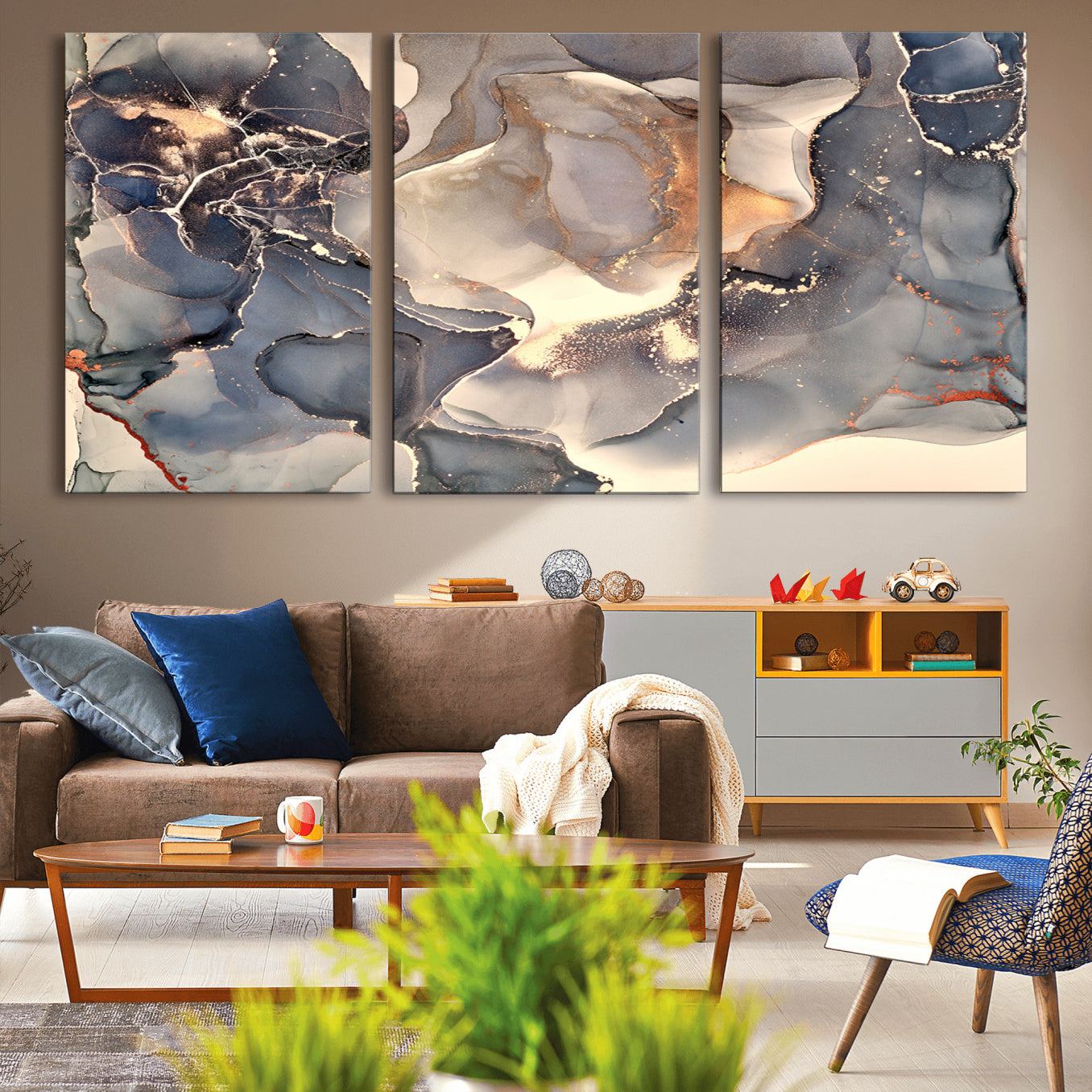 -Abstract Blue and Gold Wall Art - Fluid Ink Artwork - Modern Luxury Wall Decor for Contemporary