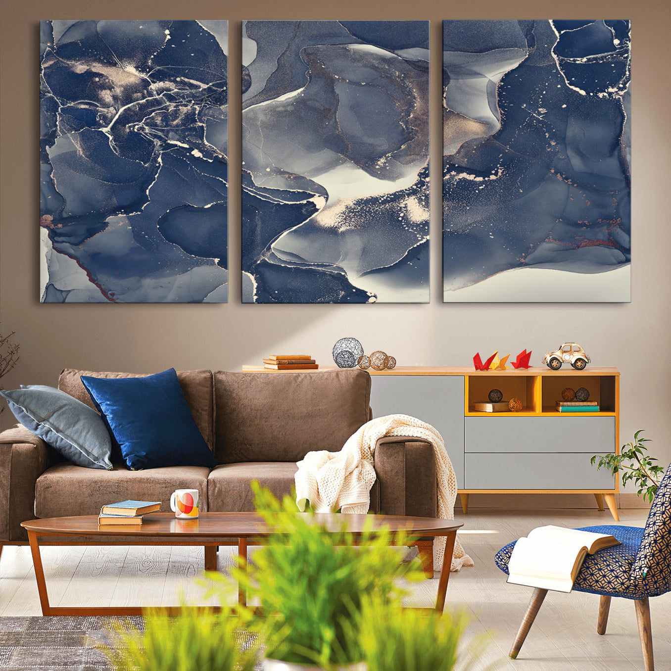 28282-MGV-CV-36X24-Large Abstract Blue and Gold Canvas Wall Art | Fluid Ink Artwork Print | Luxury Wall Decor for