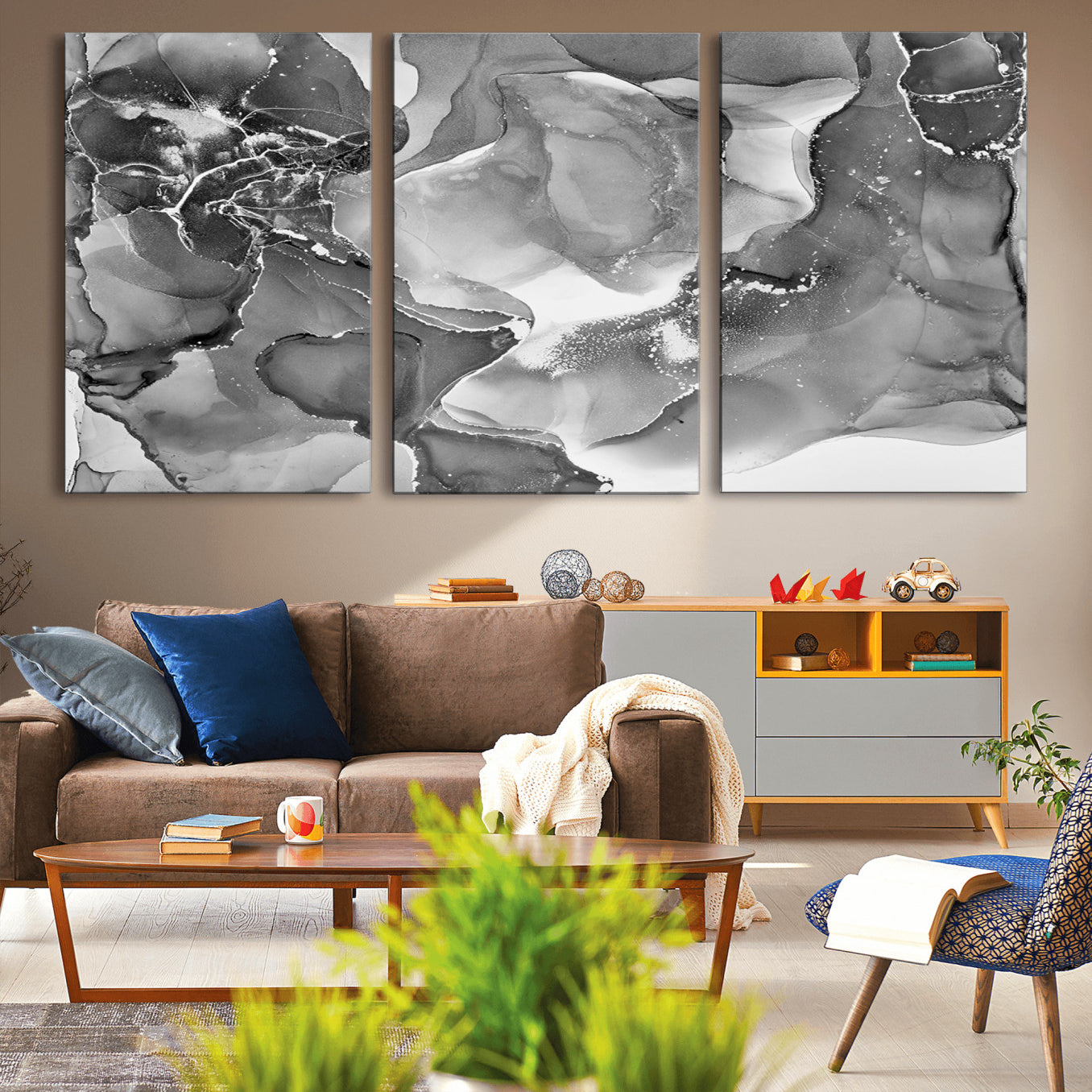 15911-MGV-CV-60X30-3P-Black White Abstract Canvas Wall Art - Fluid Ink Artwork - Modern Luxury Wall Decor for Contemporary