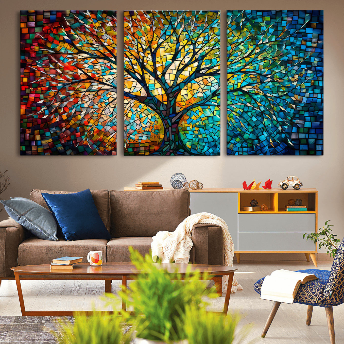99325-MGV-CV-36X24-Yggdrasil Tree of Life Wall Art Print Canvas | Mosaic Style 3-Panel Canvas Print