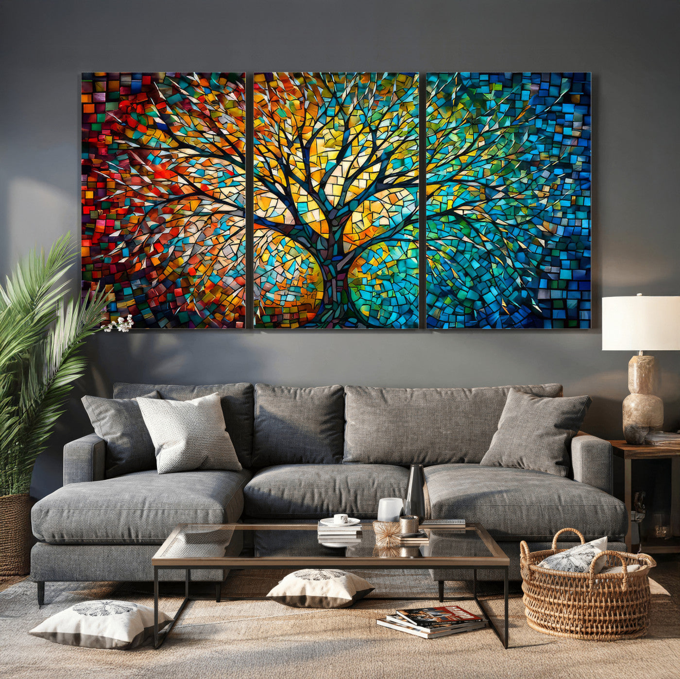 99325-MGV-CV-36X24 - Yggdrasil Tree of Life Wall Art Print Canvas | Mosaic Style 3-Panel Canvas Print
