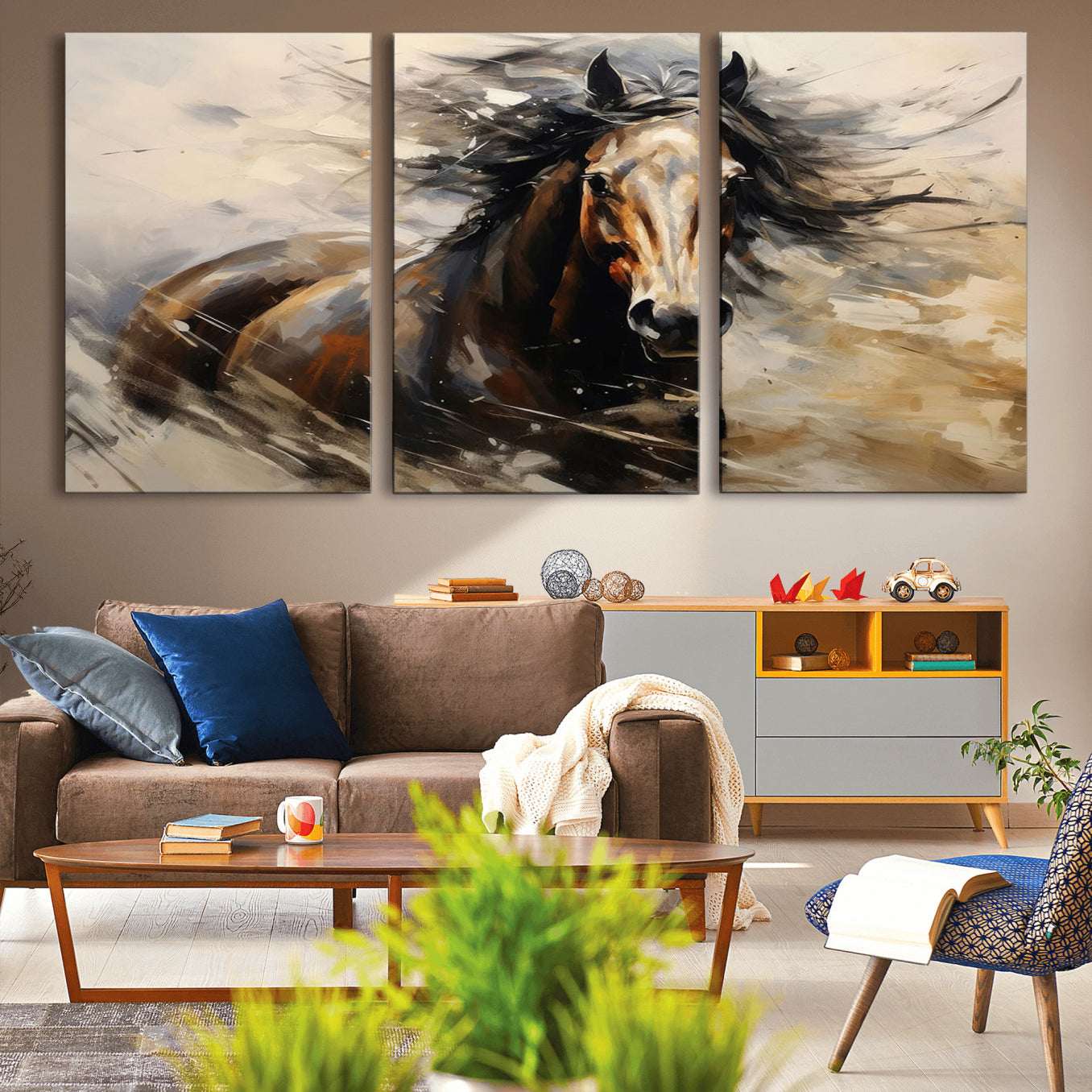 53001-MGV-CV-60X30-3P-Abstract Wall Art Horse Print - Large Western Horse Canvas - Farmhouse Woodland Wall Art - Framed