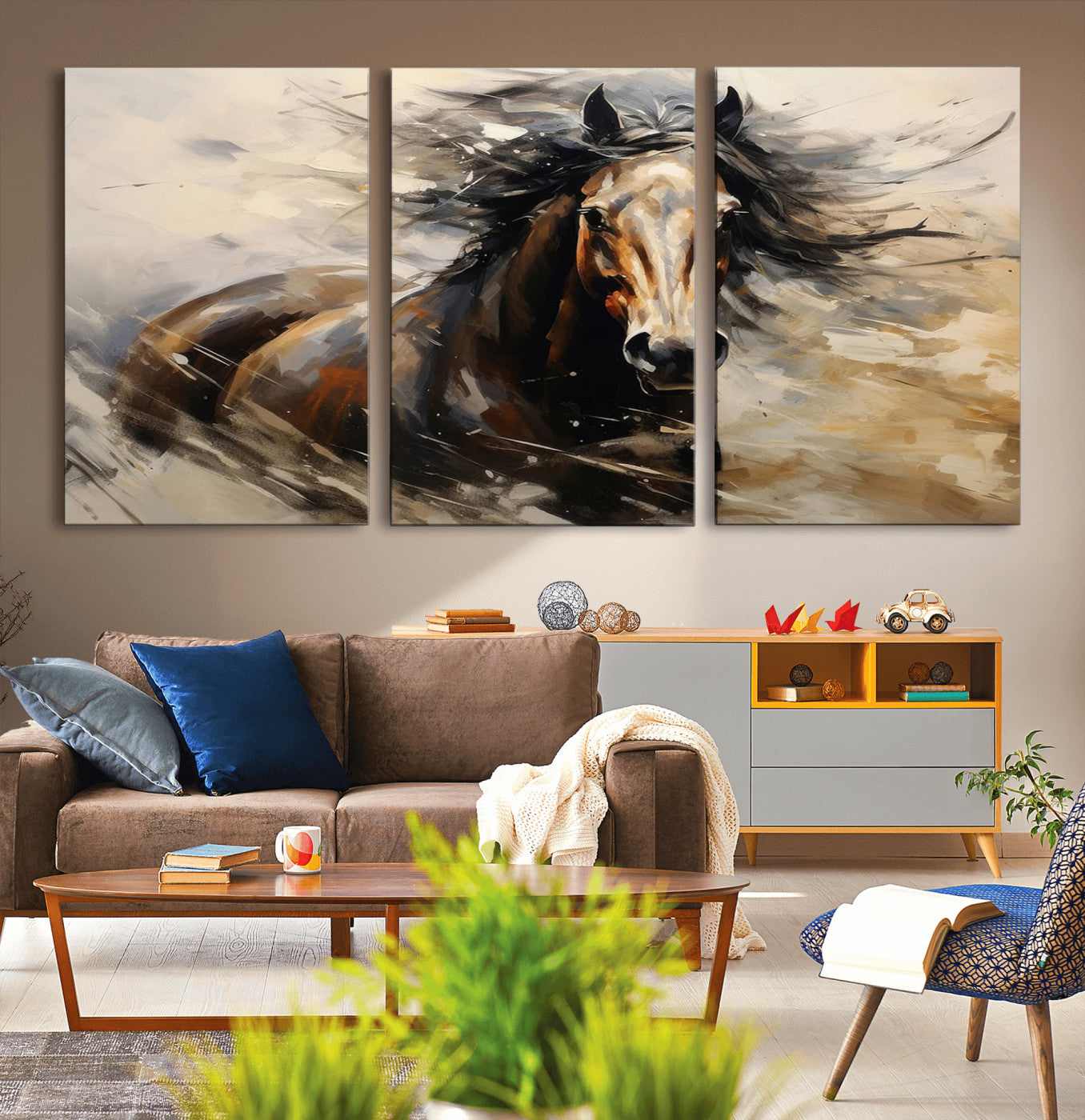 53001-MGV-CV-60X30-3P-Abstract Wall Art Horse Print - Large Western Horse Canvas - Farmhouse Woodland Wall Art - Framed