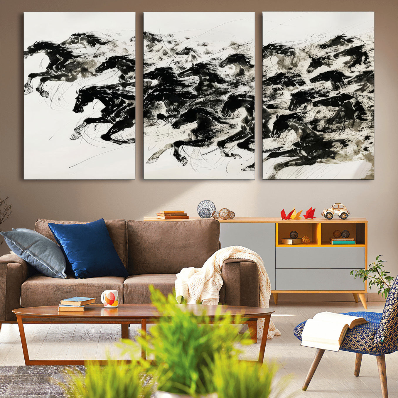 23069-MGV-CV-36X24-Abstract Horse Wall Art Canvas Print - Dynamic Black Ink Horse Print - Modern Equine Wall Decor for