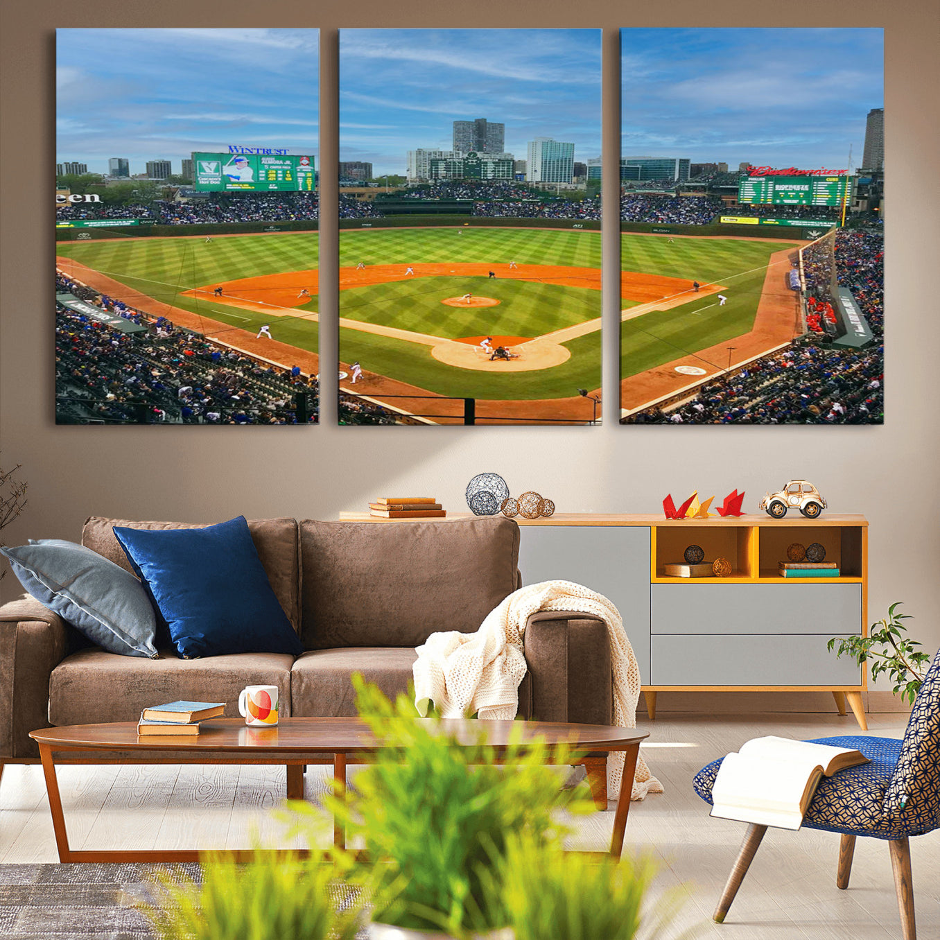 -Wrigley Field Chicago Cubs Panoramic Multi Piece Canvas Wall Art - Iconic Baseball Stadium Print for