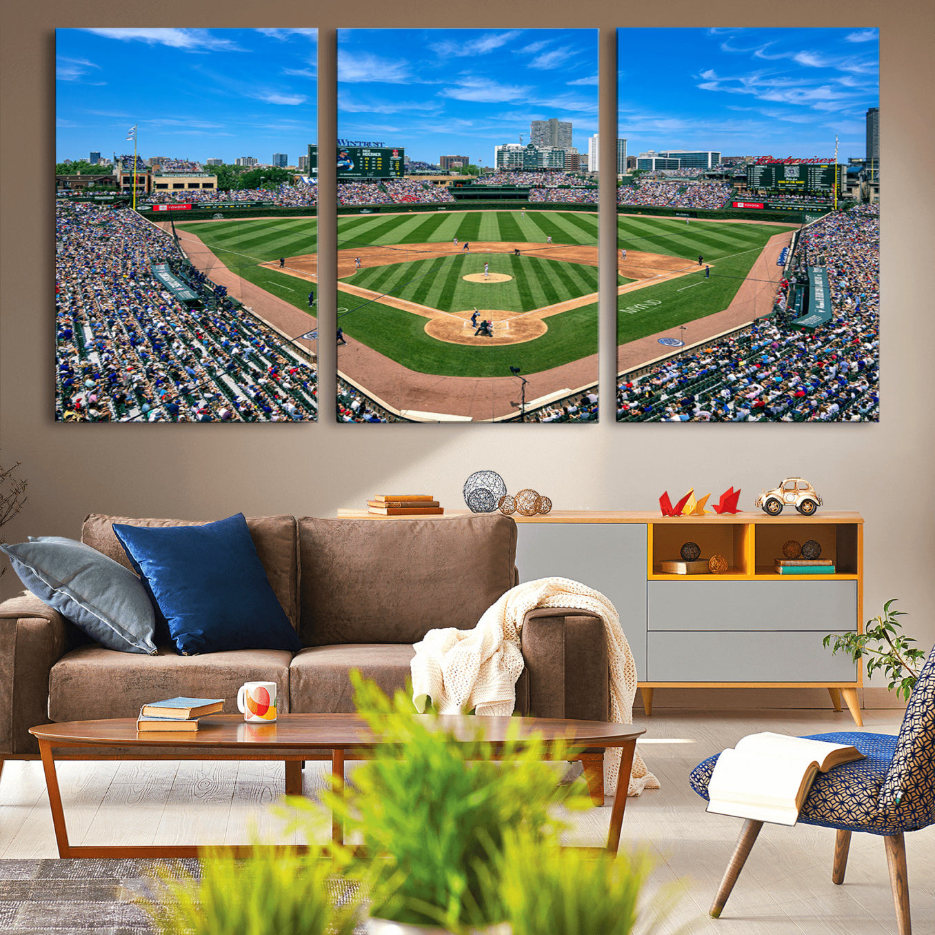 26064-MGV-CV-36X24-Framed Wrigley Field Chicago Cubs Canvas Print – Panoramic Multi-Piece Iconic Baseball Stadium Wall Art for Home, Office