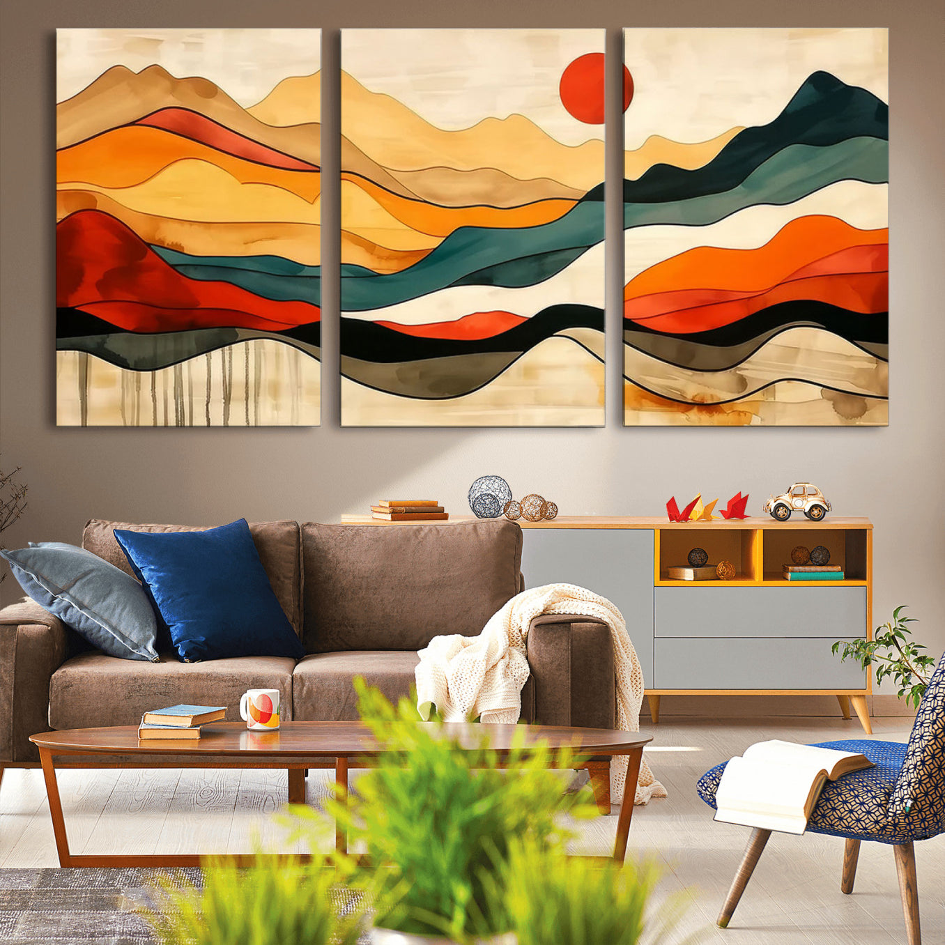 A vibrant abstract landscape featuring layered hills in rich earth tones with a striking red sun, evoking warmth and movement in a minimalist style.