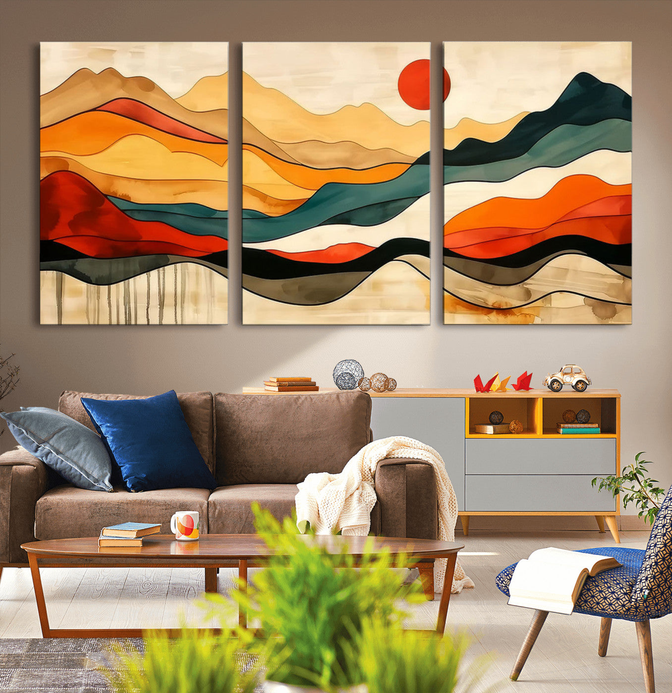 71582-MGV-CV-48X32-3P-Abstract Mountain Wall Art – Framed Colorful Landscape Canvas Artwork, Bold Modern Design, Vibrant Nature Decor for Home, Office