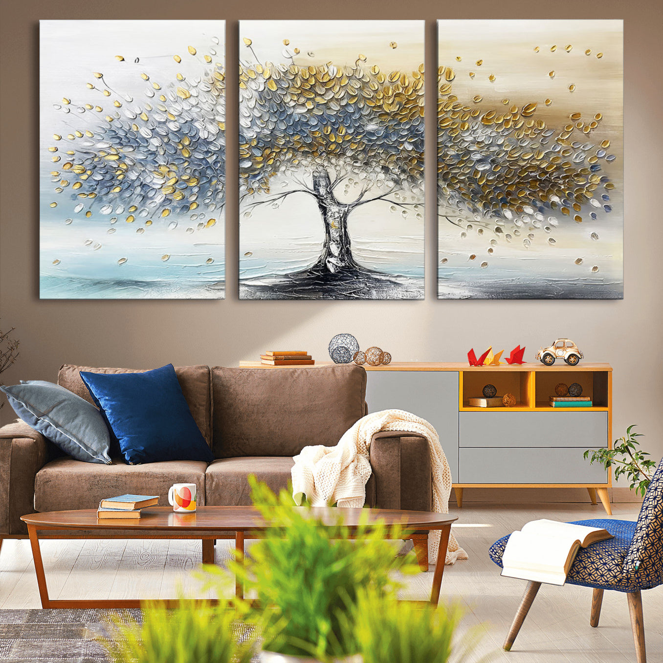 An elegant impasto painting featuring a tree with shimmering silver and gold leaves, blending soft pastels to create a calm and sophisticated atmosphere.