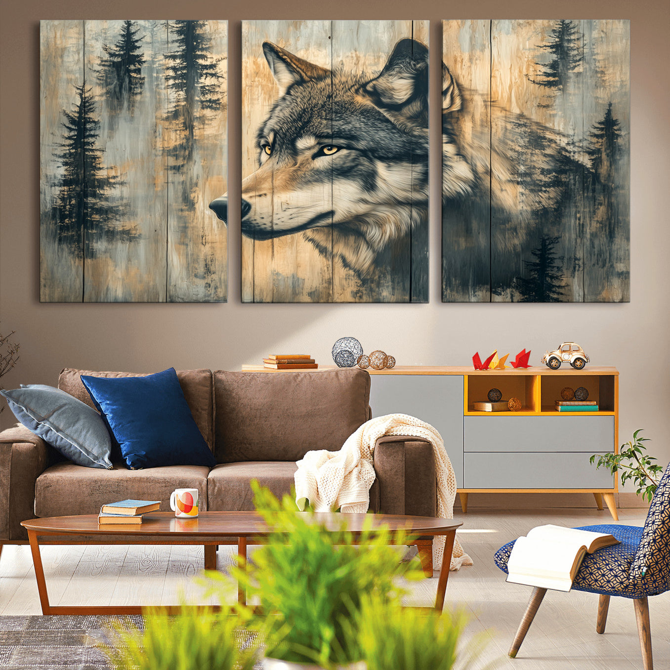 -Wood Style Rustic Wolf Wall Art Canvas Print, Vintage Woodland Wolf Wall Art, Framed Wood Style Wolf