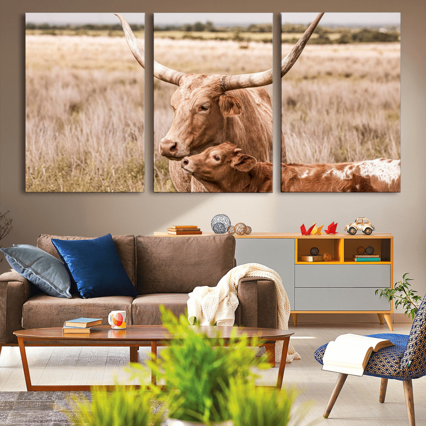 -Texas Longhorn Cow Wall Art Canvas Print for Farmhouse Wall Art, Texas Decor, Western Wall Art Print
