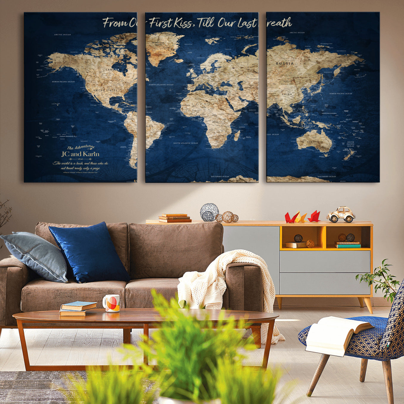 -Personalized Push Pin World Map Canvas Print – Custom Couple Travel Tracker Wall Art, Framed Anniversary Gift for Home Decor