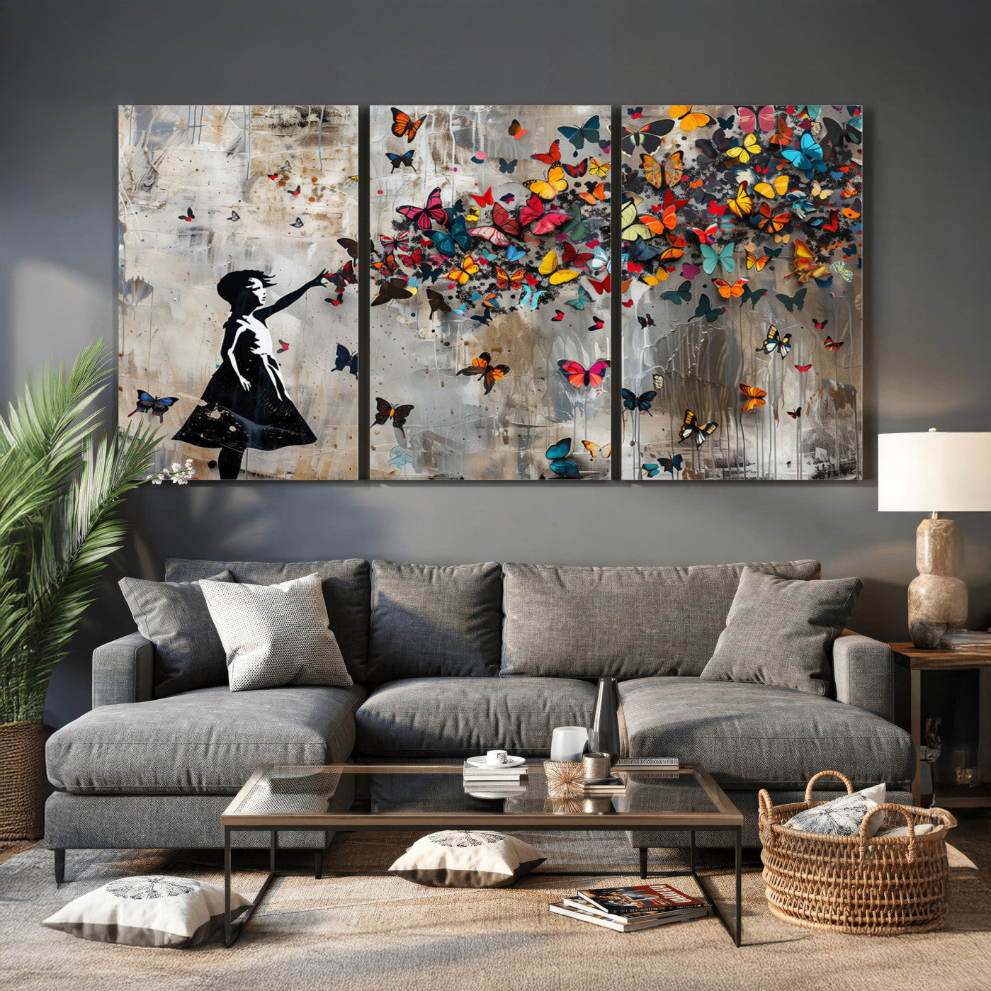 51446-MGV-CV-36X24 - Framed Banksy Butterfly Girl Wall Art ,3-Piece Butterfly Girl Canvas, Modern Graffiti Canvas Print