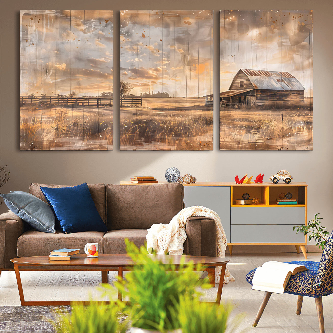 FARM2-MGV-CV-36X24-Rustic Farmhouse Wall Art Canvas Print | Barn and Field Canvas Print | Vintage Country Landscape