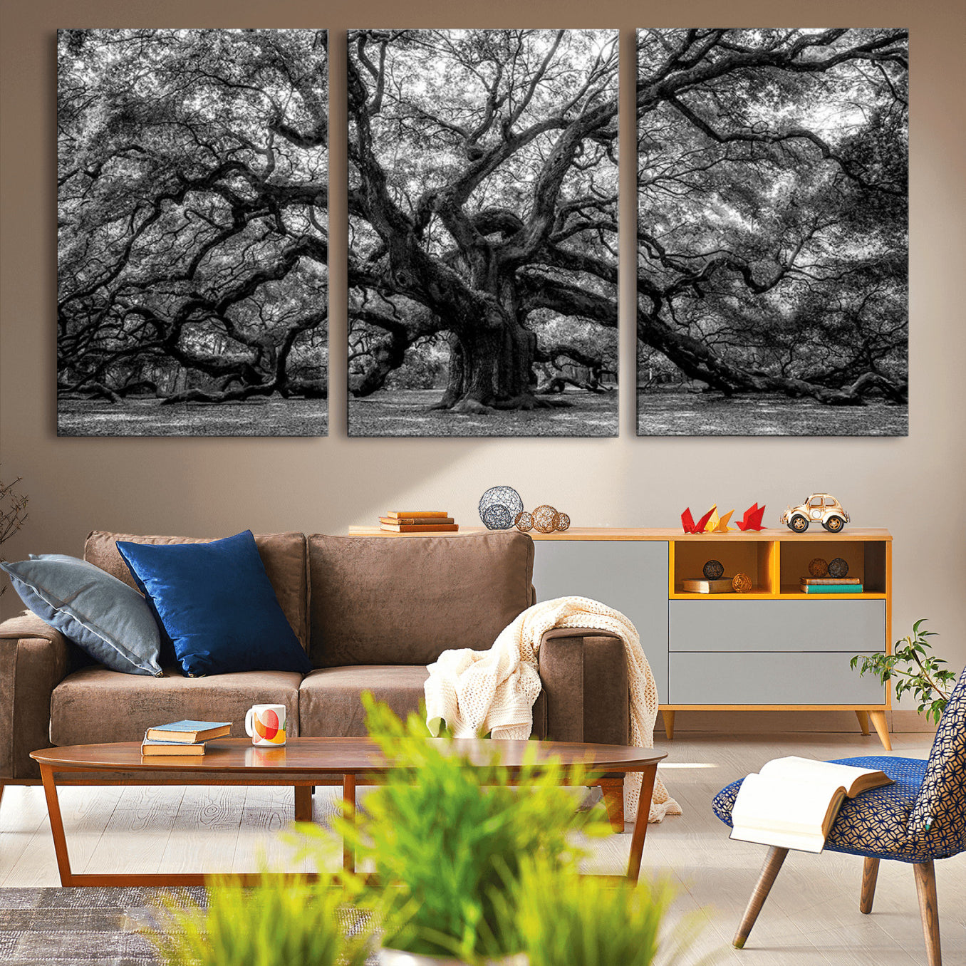 -Black and White Old Angel Oak Tree Wall Art Canvas Print