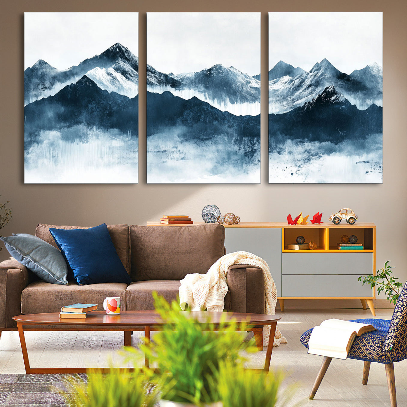 Abstract blue-toned canvas of snowy mountains in misty tones, ideal for minimalist or moody alpine-inspired home decor.