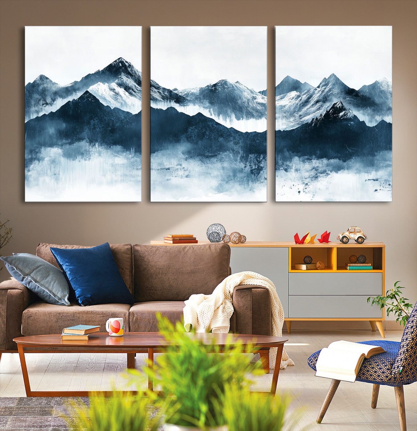 Abstract blue-toned canvas of snowy mountains in misty tones, ideal for minimalist or moody alpine-inspired home decor.