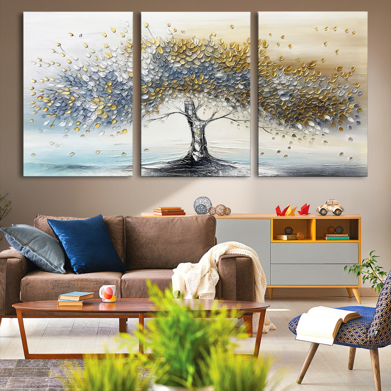 Canvas of a silver and gold textured tree with a soft neutral background, ideal for elegant and minimalist home decor styles.