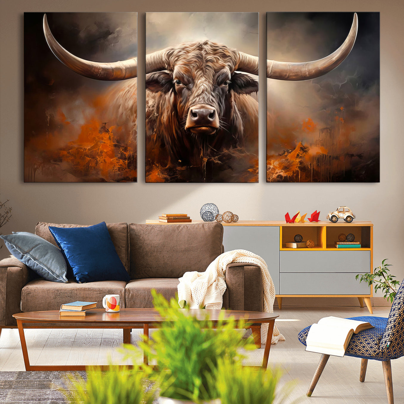-Highland Bull Canvas Abstract Canvas Wall Art Print – Powerful Highland Bull with Striking Horns in