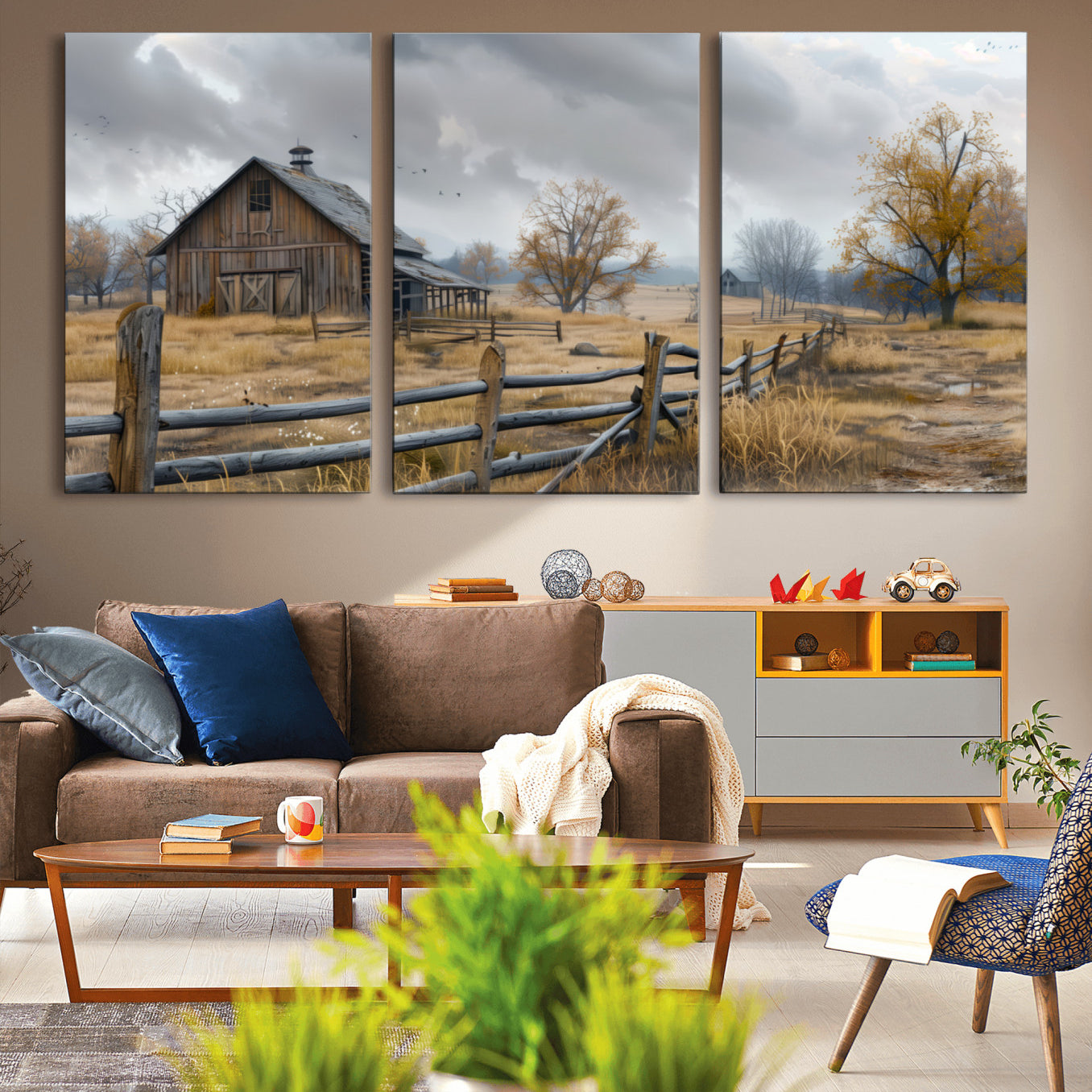 Farm1-MGV-CV-36X24-Rustic Autumn Farmhouse Wall Art Canvas Print – Serene Countryside Scene with Weathered Barn and