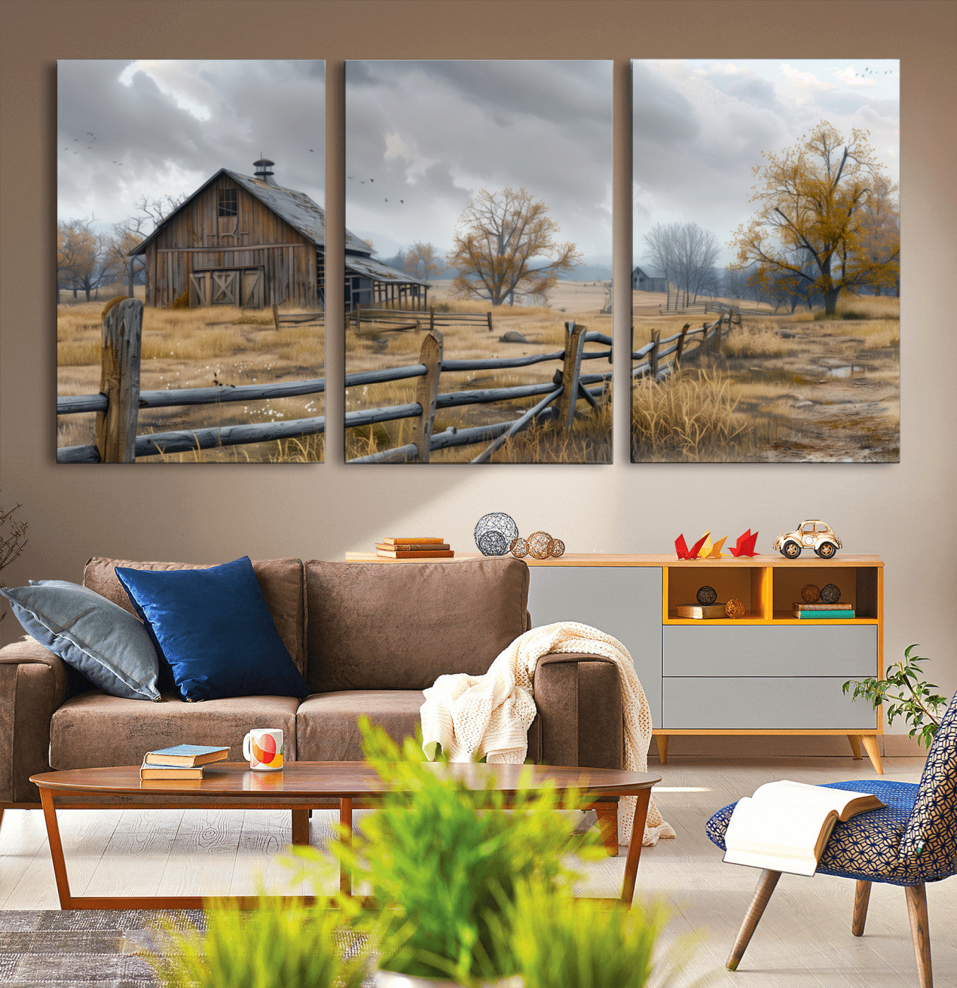 Farm1-MGV-CV-36X24-Rustic Autumn Farmhouse Wall Art Canvas Print – Serene Countryside Scene with Weathered Barn and