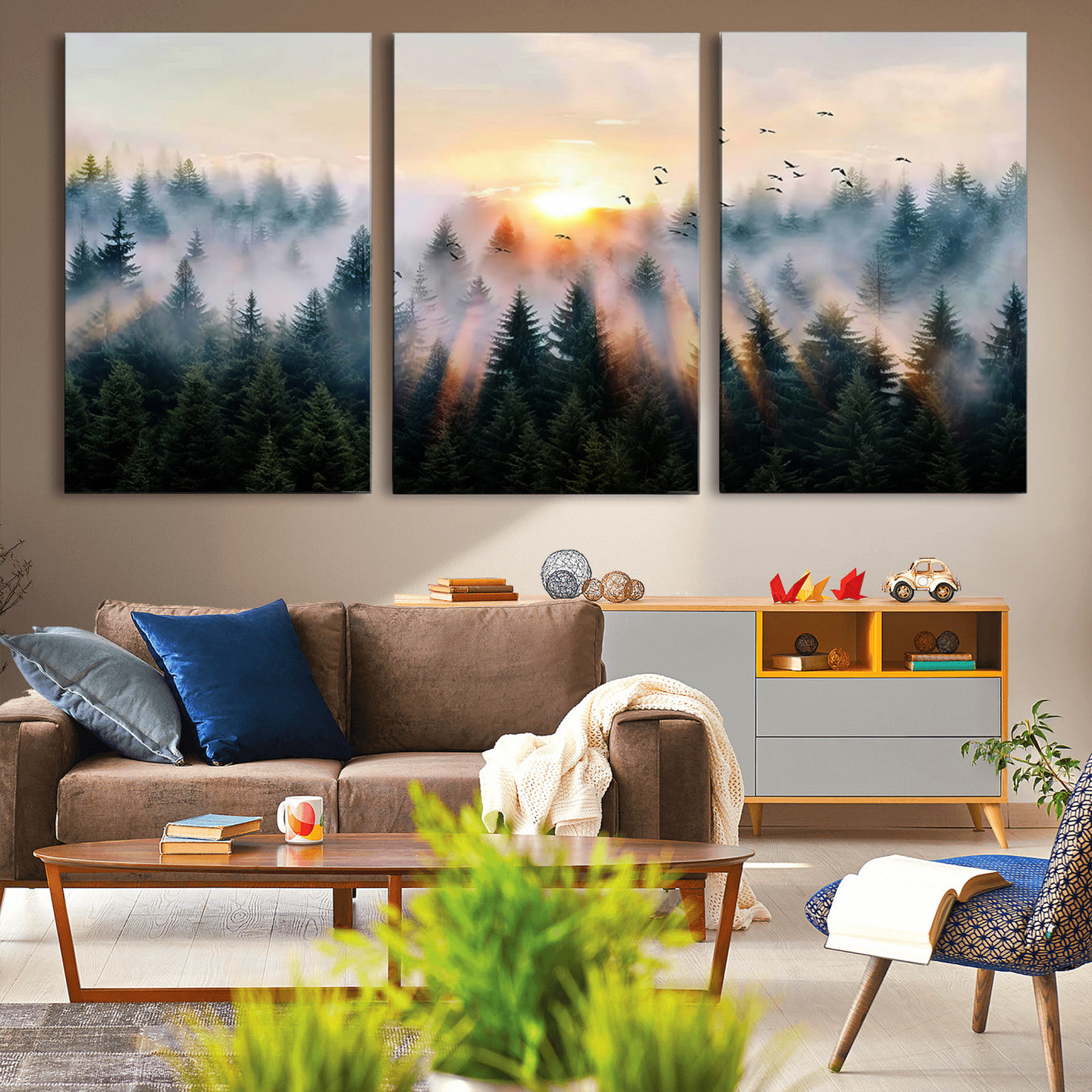 FRSABS1-MGV-CV-36X24-Abstract Forest Wall Art - Serene Nature Canvas Print with Misty Forest Design for Modern Home or