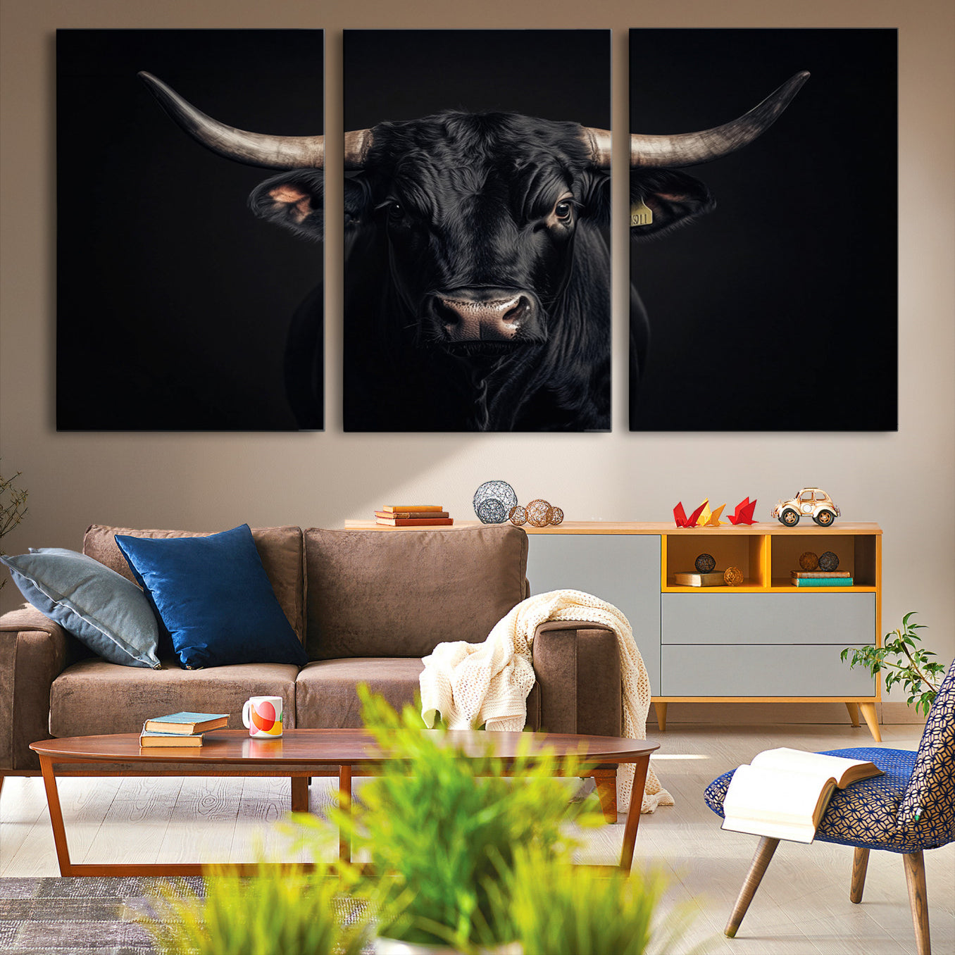 Canvas featuring a black horned bull in moody lighting on a dark background, perfect for western or rustic farmhouse-style home decor.