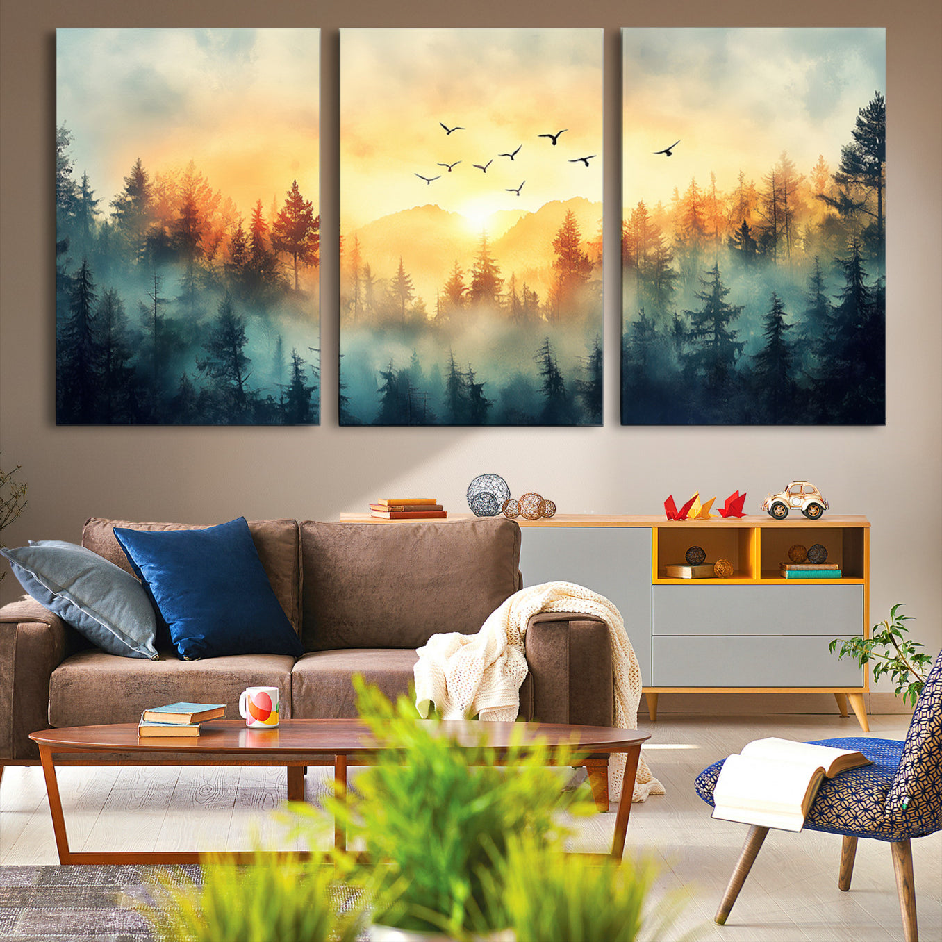 Canvas of a misty pine forest at sunrise with golden light and birds flying across the sky, perfect for tranquil nature-themed wall decor.