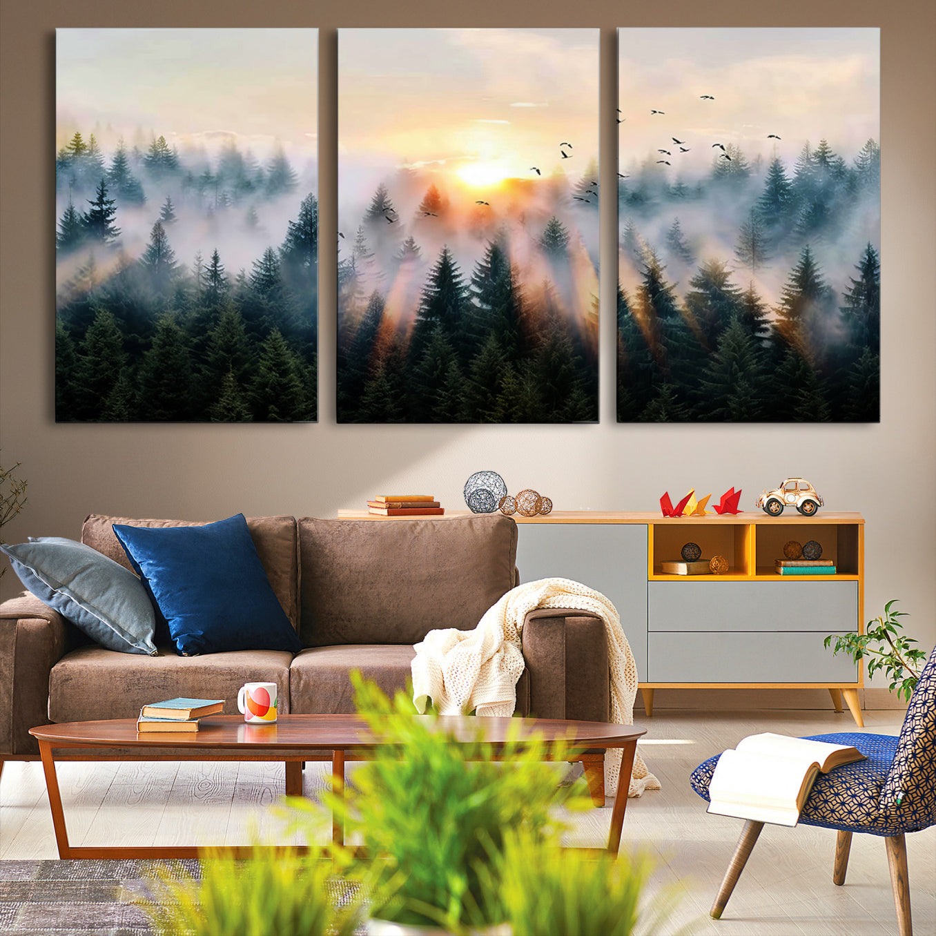 Canvas of a misty pine forest at sunrise with birds flying through golden morning rays, perfect for serene and moody woodland-style home decor.