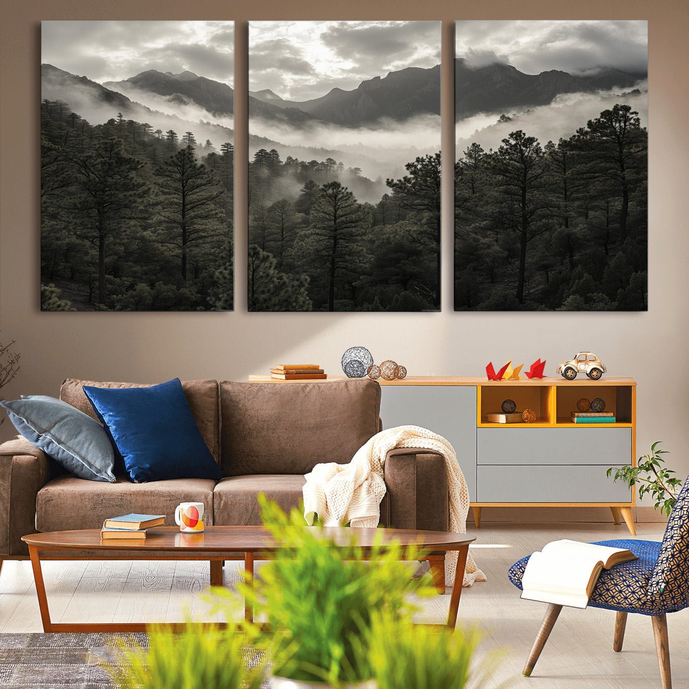 MGV-CV-60X30-3P - Misty Mountain Forest Wall Art – Canvas Print of Cloudy Peaks, Tranquil Pines, Enchanted Landscape, Majestic Nature Decor for Home or Office