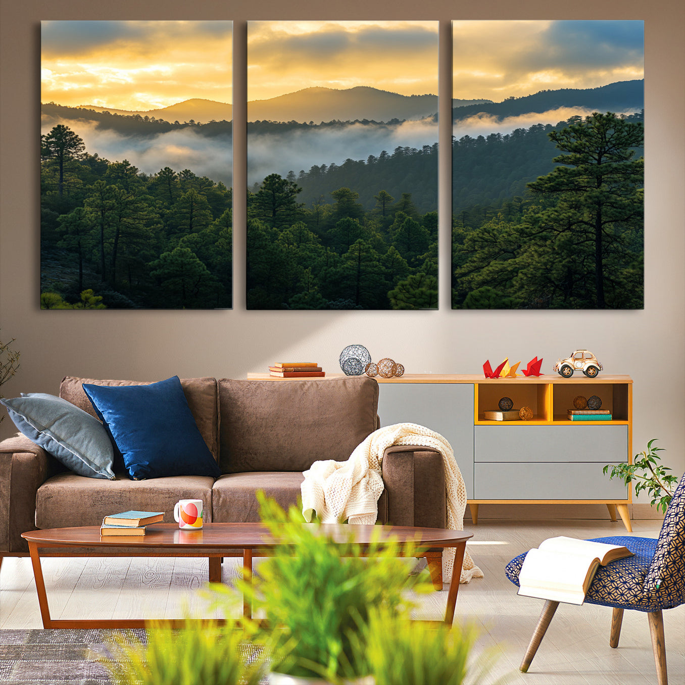 Canvas of misty pine-covered mountains at sunrise, featuring golden light and fog layers, ideal for tranquil earthy home decor.
