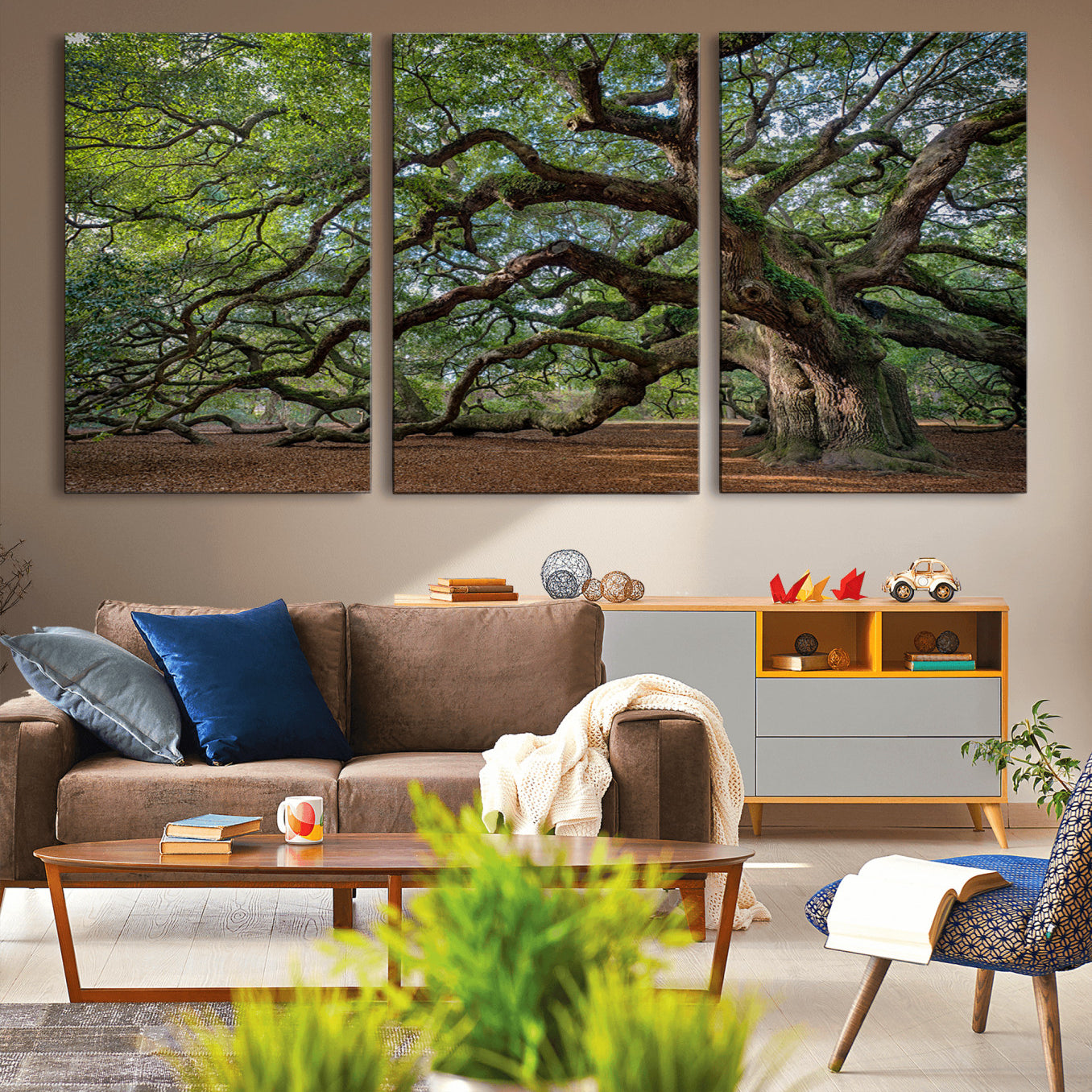 MGV-CV-60X30-3P - Ancient Oak Tree Wall Art – Canvas Print of Expansive Branches Lush Green Canopy, Tranquil Landscape, Majestic Nature Decor for Home or Office