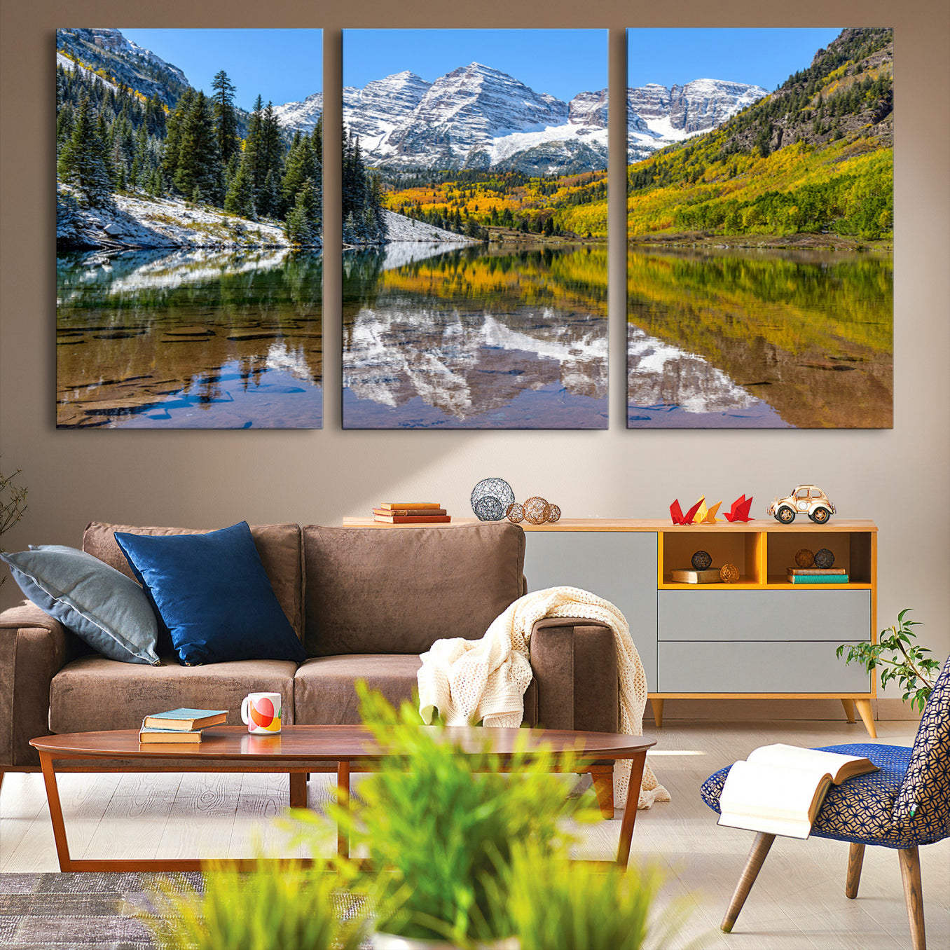 Canvas of Maroon Bells reflected in a clear alpine lake, with golden aspens and snowy peaks, ideal for crisp autumn or mountain-themed decor.