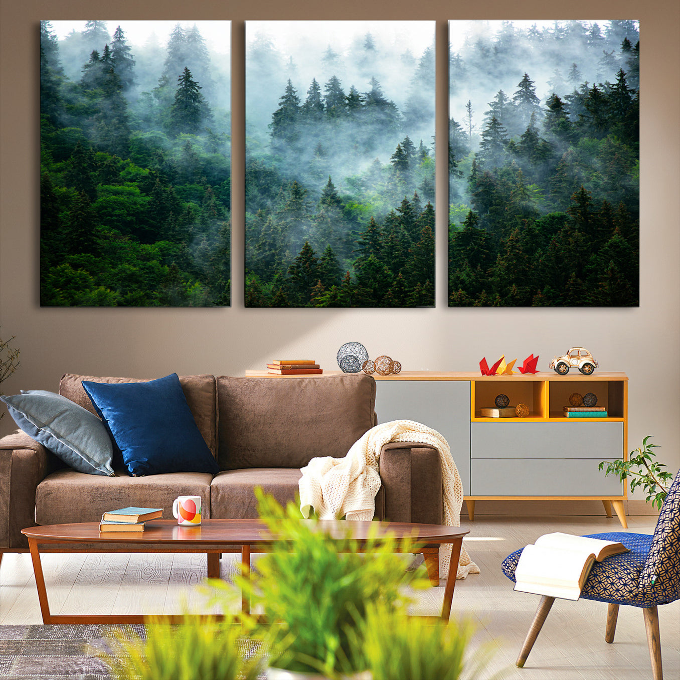 A captivating view of a dense pine forest blanketed in drifting fog, evoking a mystical and tranquil atmosphere.