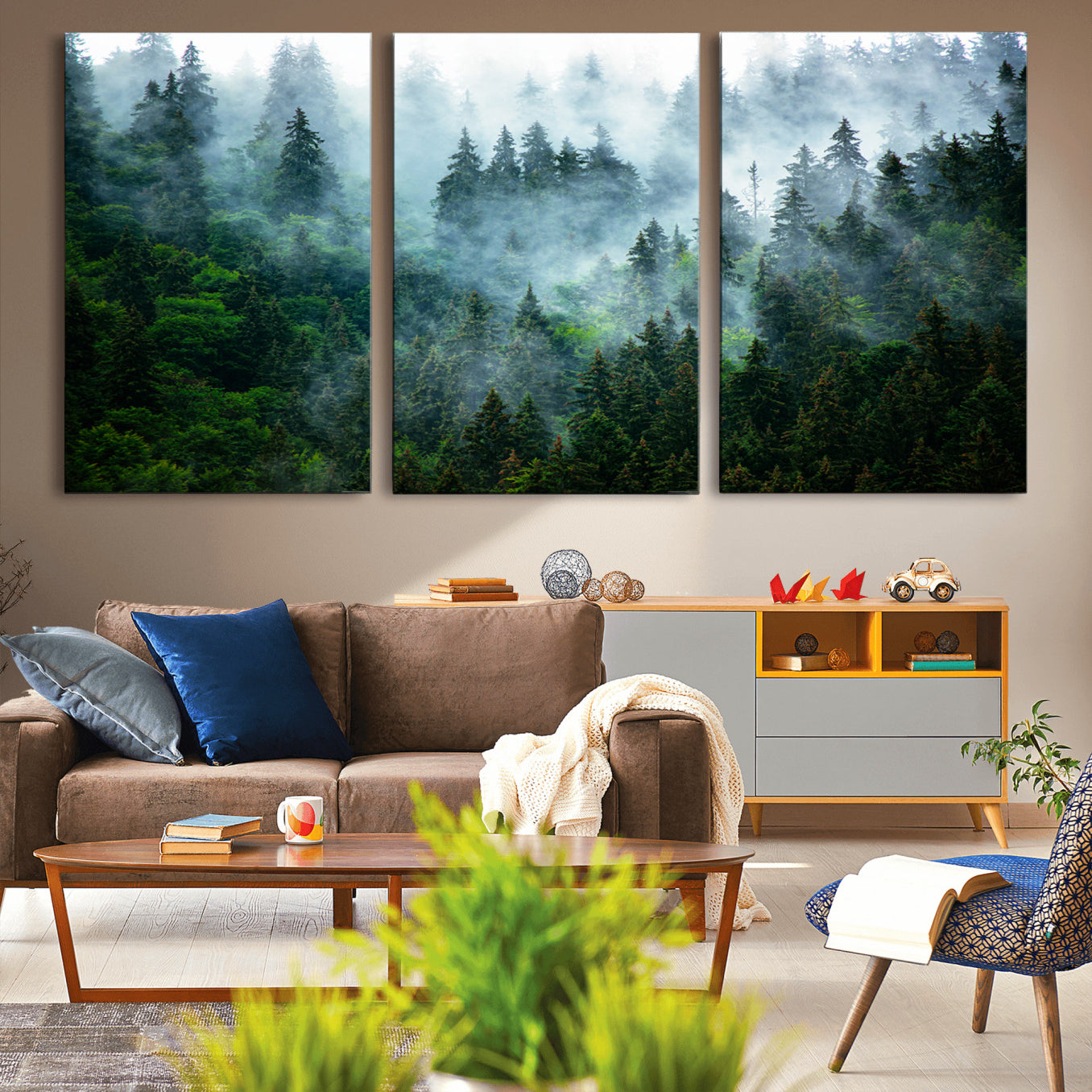 17393683-MGV-CV-36X24-Misty Forest Wall Art Canvas Print – Framed Foggy Mountain Scene with Serene Nature Artwork for Home, Office, Living Room