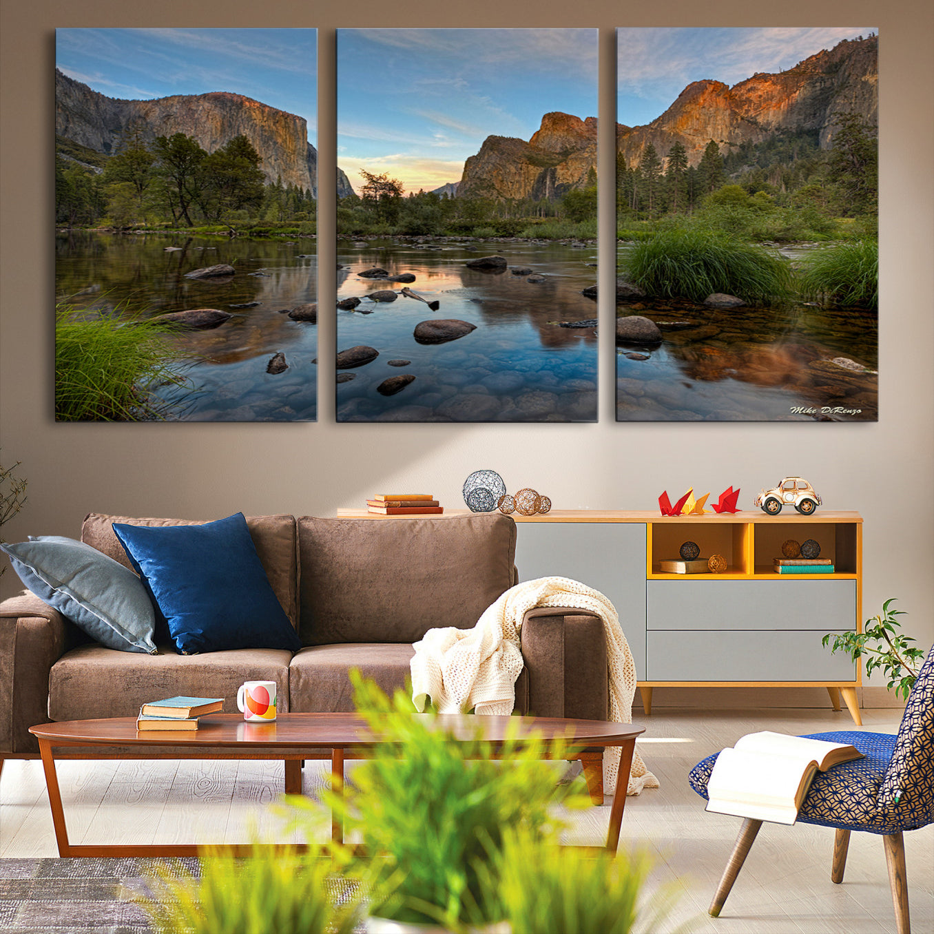 Canvas of Yosemite Valley with El Capitan and sunset reflections in a calm river, perfect for rustic or nature-themed décor.